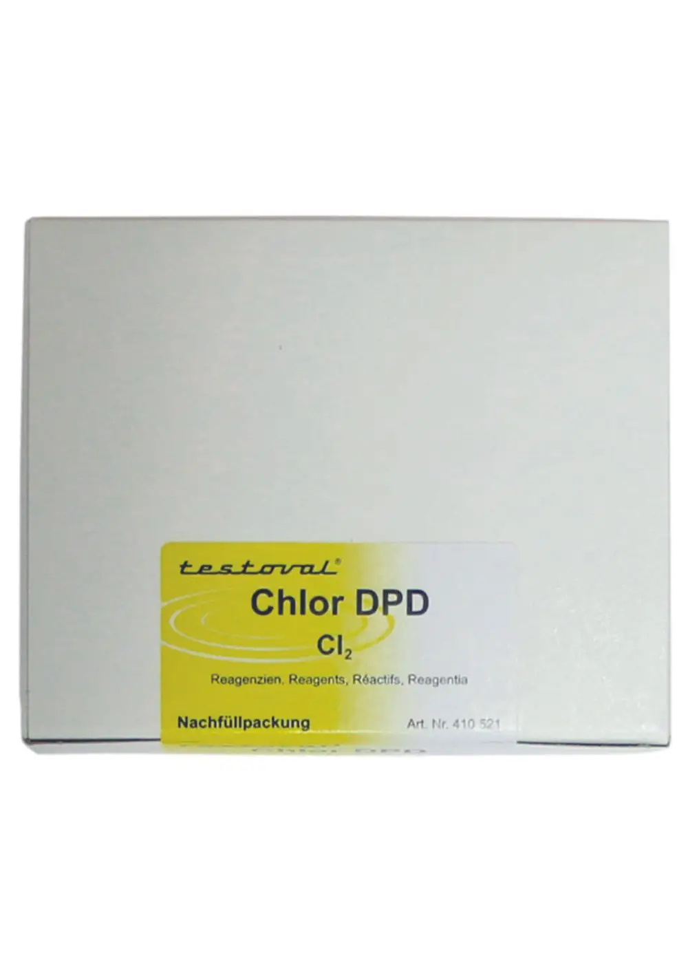 Weißer Karton mit gelber und schwarzer Beschriftung. Der Aufkleber zeigt "Chlor DPD", "Reagenzien" und die Marke "Judo". Inhalt ist ein Nachfüllpack für chemische Tests.
